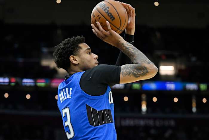 Mar 28, 2022; Cleveland, Ohio, USA; Orlando Magic forward Chuma Okeke (3) shoots in the third quarter against the Cleveland Cavaliers at Rocket Mortgage FieldHouse. Mandatory Credit: David Richard-USA TODAY Sports